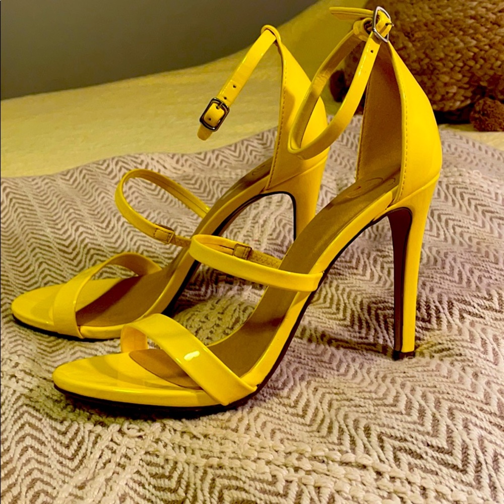 Lemon yellow strappy heels!! Stretchy straps too!!